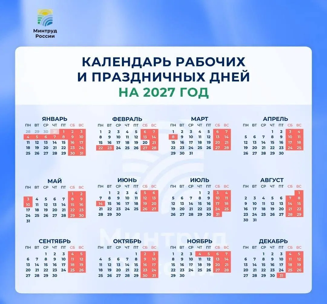 Как будем отдыхать в 2027 году: Минтруд опубликовал производственный календарь
